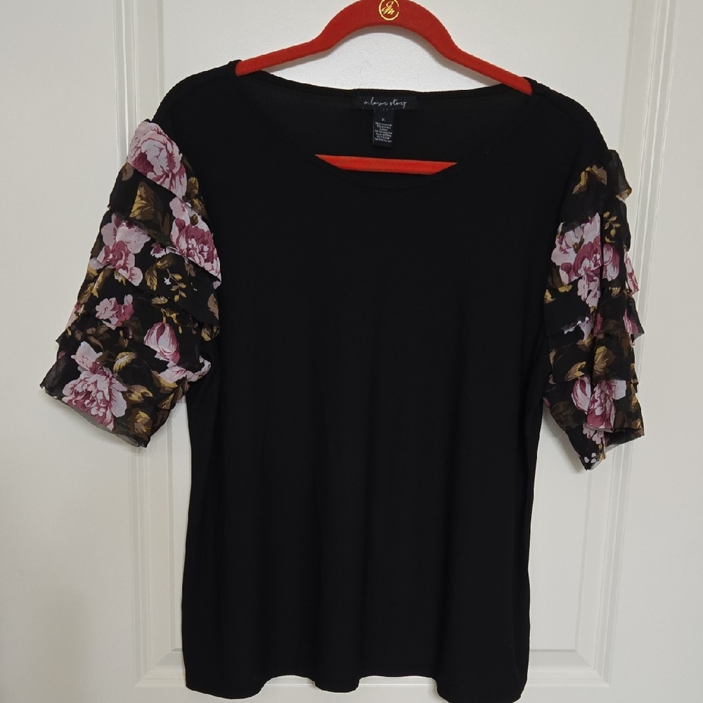 Elegant Black Top with Floral Sleeves - Picture 1 of 3
